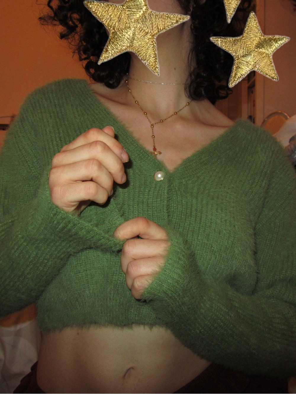 V-Neck Cropped Fuzzy Green Cardigan - SHEIN - Picture 5 of 9